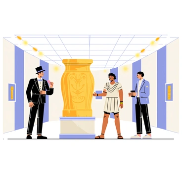 A group of three time travelers stands in a modern museum, each dressed in distinct historical attire from different eras. One traveler wears a Victorian-era suit with a top hat, another is in ancient Roman robes, and the third is donned in futuristic clothing with metallic accents. They look curiously at a large, ornate ancient artifact displayed on a pedestal, which is intricately carved with symbols and designs. The museum background features sleek, white walls and bright spotlights highlighting the artifact, and various other exhibits can be seen in the distance.