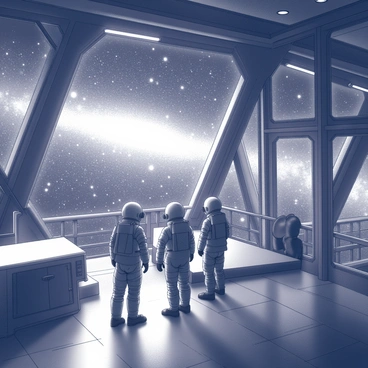 An observation deck of a space station with large, transparent windows. The view through the windows reveals a vast galaxy filled with bright stars and swirling nebulae. The deck has metallic railings and sleek control panels. There are a few astronauts standing, gazing out in awe, with their space suits visible. The glow from the galaxy illuminates their faces, creating a dramatic contrast with the dark interior of the space station.