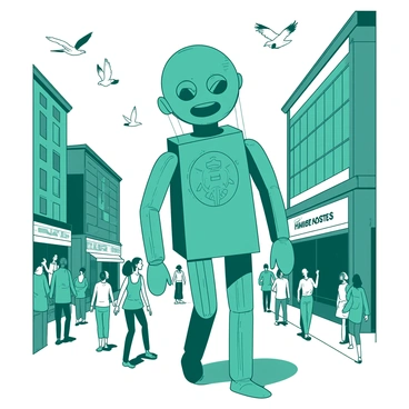 A teal giant marionette with intricate designs engraved on its wooden surface is walking through a busy city street. The marionette has large, expressive eyes and a wide mouth that gives it a whimsical appearance. Its arms and legs move fluidly as if animated by unseen hands, which pull the strings attached to its limbs. Surrounding the marionette, there are various buildings with large windows and bustling pedestrians looking up in awe. The street is lined with colorful storefronts, and a few birds are flying overhead, creating a lively urban atmosphere.