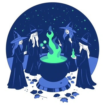 A circle of witches casting spells around a bubbling cauldron under a starry night