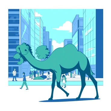A teal camel is walking along a busy street in a modern cityscape filled with tall skyscrapers. The camel has a large hump and its long legs create a rhythm as it strides across the pavement. Surrounding the camel, there are several sleek glass buildings reflecting sunlight, showcasing a mix of blue and white hues. People can be seen in the background, some glancing at the camel in surprise. The sky above is clear and bright, enhancing the urban atmosphere.