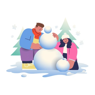 A couple is building a snowman together in a winter landscape. The man has short brown hair and is wearing a blue jacket and a red scarf. He is stacking a large snowball on top of the base to form the snowman's body. The woman has long black hair, and she is dressed in a pink coat and a white knit hat. She is rolling a smaller snowball to create the snowman's head. Soft, white snowflakes are falling gently from the sky, blanketing the ground and covering the couple's footprints behind them. In the background, there are snow-covered trees, adding to the winter atmosphere.