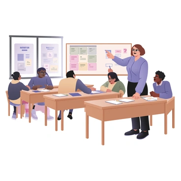 A digital flat illustration of a classroom setting. In the center, there is an instructor standing at a whiteboard, explaining life insurance policies. The instructor is a middle-aged woman with short brown hair, wearing glasses, a blue blouse, and black trousers. She is pointing at a diagram on the whiteboard that includes labeled sections for different types of life insurance. The classroom has wooden desks arranged in rows, with students of various ethnicities sitting and taking notes. One student, a young man with curly hair, is raising his hand to ask a question. There are educational posters on the walls about financial planning and insurance terminology. A large window lets in natural light, illuminating the scene.