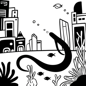 A metallic eel with a sleek, elongated body swims gracefully through an underwater city filled with futuristic architecture. Tall, shimmering buildings made of glass and metal rise from the ocean floor, and luminous aquatic plants sway gently in the currents. Bubbles rise from the eel's movement, adding dynamic motion to the scene. Various geometric structures and floating platforms are visible in the background, and a school of smaller fish darts around the eel. Light filters through the water, casting interesting patterns on the seabed below.