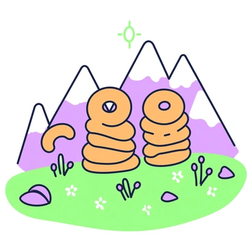 A mountain range is visible in the background, featuring peaks that are intricately formed by stacked brezels. The brezels vary in size, with some towering prominently above others. Each brezels has a shiny, golden-brown crust and distinct twists. In the foreground, there is a grassy meadow dotted with small rocks and wildflowers. The sky above is clear, allowing sunlight to illuminate the unique mountain peaks formed by the brezels.