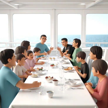 A spacious dining area on a passenger ferry, featuring long tables set with white tablecloths and gleaming cutlery. Several groups of people are seated, including a family with two children, all smiling as they enjoy their meals. A man with a blue shirt is gesturing enthusiastically while speaking to a woman in a green dress. Another couple, a man in a black jacket and a woman in a red blouse, shares a dessert, looking pleased. Large windows reveal a view of the open sea, with bright sunlight streaming in, illuminating the dining space.