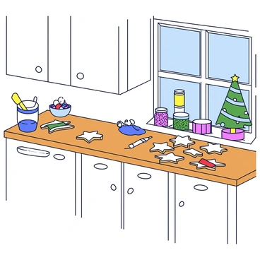 A kitchen with white cabinets and a wooden countertop. On the counter, there are various holiday cookies in different shapes, such as stars, trees, and snowmen. Each cookie is partially decorated with colorful icing spread across them. There are tubes of icing in red, green, and white placed next to the cookies. In the background, there are jars filled with sprinkles and a bowl with a rolling pin. The scene also includes a small Christmas tree decorated with lights and ornaments placed on the windowsill.