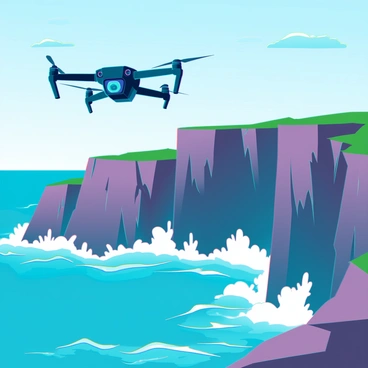 A sleek black drone equipped with high-definition cameras is hovering in the air. Below, steep seaside cliffs rise sharply from the ground, their rocky surfaces etched with crevices and patches of green vegetation. The cliffs dramatically meet the turquoise ocean, where waves crash against the rock face, sending up white foam. The sunlight glistens on the water's surface, creating a brilliant contrast with the deep blue hues of the sea. In the background, a clear sky stretches overhead, with a few wispy clouds scattered across it.