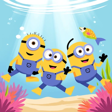 A group of cheerful Minions wearing colorful scuba gear is exploring the ocean. Each Minion is equipped with a snorkel and diving mask, with bright yellow fins on their feet. They are surrounded by vibrant coral reefs and various species of colorful fish swimming around them. One Minion is playfully blowing bubbles, while another is curiously looking at a sea turtle gliding by. Sunlight filters through the water, creating shimmering patterns on the ocean floor.