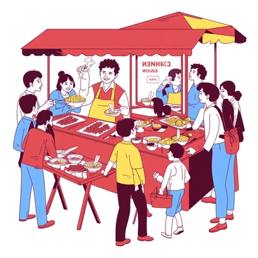A vibrant scene depicting a bustling street food vendor with a colorful awning over the stall. The vendor, a middle-aged person wearing a bright apron, is smiling as they serve a variety of snacks to eager customers. There are several food items displayed, including skewers of grilled meat, crispy spring rolls, and bowls of steaming noodles. Customers of various ages are eagerly waiting in line, some holding paper plates filled with food. The atmosphere is lively, with a few nearby tables occupied by people enjoying their meals.