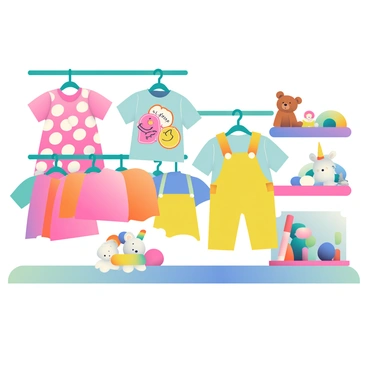 A children's clothing section is filled with bright, colorful outfits designed for young children. There are neatly arranged racks displaying a variety of cute outfits, including a pink dress with white polka dots, a blue shirt featuring cartoon animals, and bright yellow overalls. Soft, plush stuffed animals are positioned on the shelves, including a brown teddy bear, a fluffy white bunny, and a rainbow-colored unicorn. The floor is covered with a soft carpet in pastel colors, and a small play area is visible in one corner, with a few pillows and toys scattered about. The overall atmosphere feels cheerful and welcoming, inviting children and parents to explore the delightful selection.