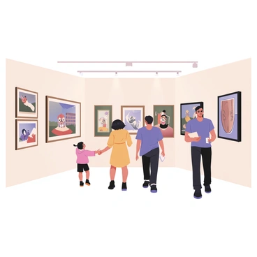 A spacious art gallery filled with various student illustrations displayed on the white walls. Each artwork features different styles, showcasing vibrant colors and diverse themes. In the foreground, a group of visitors is walking through the gallery. There are three individuals: a woman with curly hair wearing a yellow dress, looking at a framed illustration; a man with short hair in a blue shirt and black jeans, standing next to her, holding a brochure; and a child with pigtails dressed in a pink sweater, pointing excitedly at a drawing of an animal. Soft lighting highlights the artworks, creating a welcoming atmosphere.