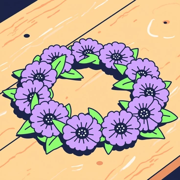 A floral crown made of cornflowers is resting on a wooden table. The crown features vibrant blue petals arranged in a circular shape, with green leaves interspersed between the flowers. The wooden table has a natural grain texture, with visible knots and lines that enhance its rustic appearance. Sunlight casts soft shadows, creating a gentle contrast against the bright colors of the cornflowers. The scene conveys a sense of calm and beauty, highlighting the delicate craftsmanship of the crown.