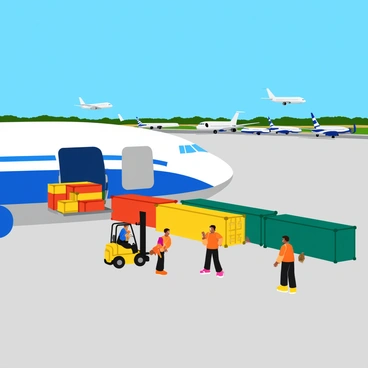 A large cargo plane with a bright blue and white color scheme is parked beside a busy airport runway. The cargo doors of the plane are open, revealing stacks of colorful shipping containers being unloaded onto the tarmac. The containers are in various colors including red, yellow, and green. Ground crew members in orange vests are actively moving the containers with a fork-lift truck. In the background, several commercial airplanes are lined up on the runway, with some preparing for takeoff while others are taxiing. A clear blue sky overhead enhances the bustling airport scene.