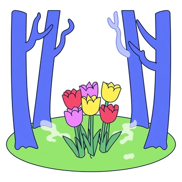 A magical forest filled with tall trees that have twisting, gnarled branches. The ground is covered with lush green grass. In the middle of the scene, a cluster of tulips emerges, each with vibrant petals in shades of red, yellow, and purple. The petals have a soft, glowing light radiating from them, illuminating the surrounding area. Wisps of mist weave through the forest floor, enhancing the enchanted atmosphere.