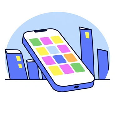 A sleek smartphone with a slim profile is positioned upright. The screen of the smartphone displays a vibrant home screen filled with colorful app icons. In the background, a cityscape features tall buildings and a clear blue sky, creating a modern urban setting. The smartphone is shown in focus, highlighting its design and the brightness of the home screen.