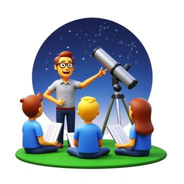 A teacher holding a telescope and pointing towards the night sky. The teacher is wearing a casual shirt and glasses, with an enthusiastic expression on their face. Surrounding the teacher are several students, sitting on the grass with notebooks and star charts in hand, engaged and looking up at the telescope. The sky is dark with numerous stars visible, and a few constellations are identifiable. The telescope is mounted on a sturdy tripod, and a few students are taking turns looking through it. The scene captures a moment of learning and curiosity in an outdoor setting.