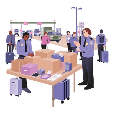 A digital flat illustration depicting customs officers inspecting goods at a busy border checkpoint. There are two customs officers, one with dark skin and short black hair, wearing a blue uniform and a badge, and the other with fair skin and shoulder-length brown hair, also in a blue uniform. They are examining various boxes and crates stacked on a table. The table is cluttered with goods including electronics, food items, and clothing. In the background, there are several vehicles lined up, including a truck and a car, with a visible "STOP" sign at the checkpoint. Other travelers with suitcases are waiting in line, and a clear sky can be seen above.
