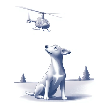 A dog sitting on a grassy field. The dog has its ears perked up and eyes wide, looking up anxiously at a helicopter flying low overhead. The helicopter is depicted in detail, showing its rotors and body. The background features a few trees, enhancing the sense of the outdoor environment where this scene takes place. The dog's fur has different textures, showcasing the sunlight reflecting off its coat.