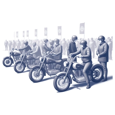 A gathering of vintage motorcycle enthusiasts is taking place at a rally. Several classic motorcycles are prominently featured, showcasing their unique designs and details. Each bike has distinct features, such as chrome accents, leather seats, and retro styling. The riders are dressed in leather jackets and helmets, standing proudly next to their machines while engaging in conversation. The background displays a crowd of spectators admiring the motorcycles, with banners and flags adding to the vibrant atmosphere of the event. The scene captures the camaraderie and passion for vintage motorcycles.