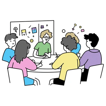 A group of six students seated around a round table, engaged in a brainstorming session. The students, consisting of three males and three females, have diverse appearances. One male has short black hair and is wearing a green t-shirt, while another male has curly brown hair and is in a blue hoodie. One female has long blonde hair and is wearing a red sweater, while another female with glasses has dark brown hair and is in a yellow blouse. The last student has medium-length black hair and is wearing a purple top. They are surrounded by various colorful illustrations pinned on a nearby wall, depicting ideas and concepts. Each student has notepads and pens in front of them, actively writing or drawing their thoughts.