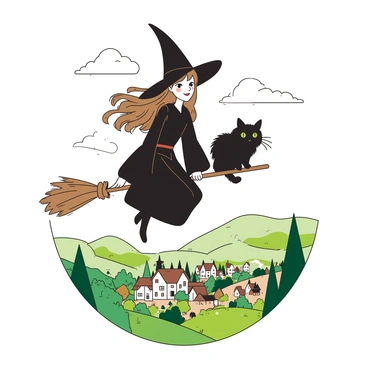 A young witch with long flowing hair is flying on a broomstick. She is wearing a dark robe and a pointed hat that flaps in the wind. Beside her, a fluffy black cat with bright green eyes is perched comfortably on the broom. Below them, a charming landscape unfolds, filled with rolling hills and vibrant trees. A small village with quaint houses is visible in the distance, surrounded by blooming flowers. The sky above is clear, and a few fluffy clouds drift lazily by.
