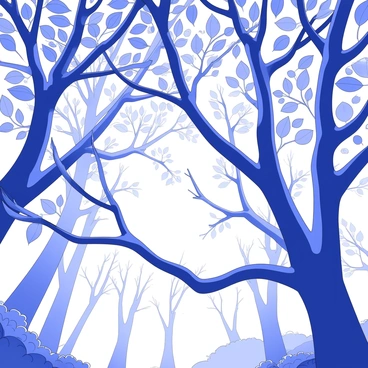 A view looking up at a dense leafy canopy of a forest. The sunlight filters through the intertwining branches, casting intricate patterns of shadows on the ground. Various shades of leaves are visible, some are broad while others are slender, creating a rich texture. The branches extend outward, forming a natural ceiling overhead. In the distance, the outlines of tree trunks can be seen, adding depth to the scene. The atmosphere is filled with an abundance of greenery, suggesting a thriving ecosystem.