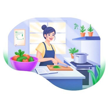 An individual standing in a cozy kitchen, smiling while preparing a meal. The person is chopping fresh vegetables on a wooden cutting board. A bowl filled with colorful vegetables, such as tomatoes, bell peppers, and leafy greens, sits on the counter nearby. Sunlight streams through a window, illuminating the space. The walls are adorned with various herbs in pots. A simple recipe book is open on a nearby countertop, and a pot is simmering on the stove.