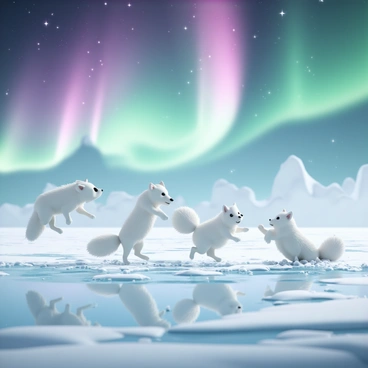 A group of five arctic foxes, each with thick white fur and bushy tails, are playfully chasing each other across a vast permafrost field. The ground is a mix of glistening ice and compacted snow, reflecting the vibrant colors above. The northern lights illuminate the sky with brilliant shades of green, pink, and purple, creating a stunning backdrop. One fox leaps into the air, while another rolls playfully in the snow. Their eyes are bright and curious, capturing the wonder of their icy environment.