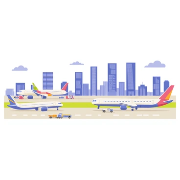 Several planes are taxiing on the runway of a major American airport, each with distinctive colorful tail designs. The first plane is a large passenger aircraft with a white body and blue accents, while another is a smaller regional jet with a red and orange tail. In the background, the city skyline is visible, showcasing tall skyscrapers with glass facades that reflect the sunlight. The sky above is clear with a few fluffy white clouds scattered, and ground vehicles are seen moving along the airport tarmac.