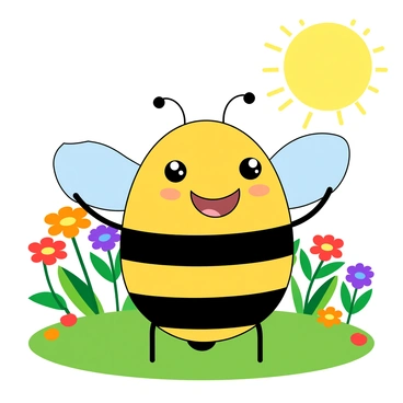 A cheerful bee character with a round, plump body covered in bright yellow and black stripes. Its large, expressive eyes are sparkling with joy, and a big smile stretches across its face. The bee has tiny, transparent wings that flutter gently as it waves with one wing. It stands on two small legs, and its antennae are perked up, adding to its playful demeanor. The background is a vibrant, green meadow filled with colorful flowers, while the sun shines brightly above, creating a joyful atmosphere.