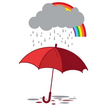 A red umbrella is opened beneath a gray raincloud that is releasing droplets of water. The ground around the umbrella is wet, reflecting the colors above. Above the umbrella, a vibrant arc of a rainbow spans the sky, displaying a spectrum of colors. The umbrella's handle is slightly tilted as if being held against the rain. The scene captures the contrast between the red of the umbrella and the gray of the raincloud, highlighting the cheerful presence of the rainbow overhead.