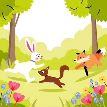 A group of Disney-style animals, including a cheerful rabbit, a mischievous squirrel, and a friendly fox, are engaged in a playful race. The rabbit has long ears flopping as it hops, while the squirrel dashes on its tiny feet with a bushy tail trailing behind. The fox bounds forward with a confident expression. The setting is a vibrant forest filled with colorful flowers, including red poppies, yellow daisies, and bluebells, surrounding the animals as they dash through the lush greenery. Sunlight filters through the tree canopy, illuminating the joyful scene.