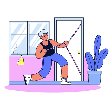 An athlete is using a resistance band to perform calisthenics exercises indoors. The athlete, wearing a fitted black tank top and blue shorts, is positioned on a light wooden floor. The resistance band is anchored to a sturdy door frame, and the athlete is pulling it during a shoulder exercise. Bright natural light streams through a nearby window, illuminating the space. There are minimal exercise equipment scattered around, and a large indoor plant is visible in the corner of the room.
