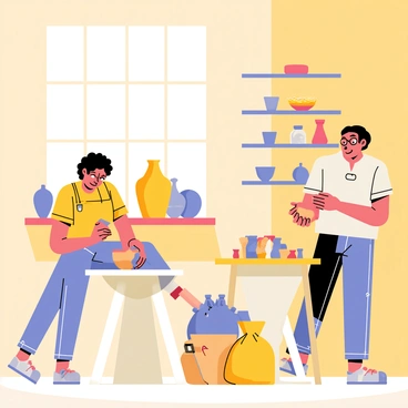 A warm studio filled with natural light, featuring multiple artists engaged in shaping clay on pottery wheels. One artist, a woman with curly hair, is focused on a spinning wheel, molding a piece of clay into a vase. Another artist, a man with glasses, is applying intricate designs to a bowl. Shelves in the background display various completed pottery pieces, showcasing different shapes and glazes. The floor is scattered with bags of clay and tools, adding an authentic touch to the creative atmosphere.