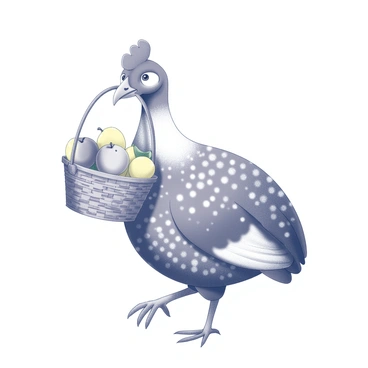 A guinea fowl stands on its feet, its body round and covered in distinctive spots. It holds a small woven basket in its beak, filled with various fruits such as apples, oranges, and bananas. The bird appears lively, with its feathers slightly ruffled, suggesting movement as it walks. The basket is detailed with a textured pattern, emphasizing its handcrafted nature. The scene captures the cheerful disposition of the guinea fowl as it carries its basket.