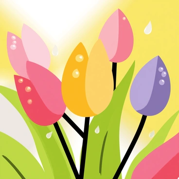 A close-up view of colorful budding flowers with soft petals in various shades of pink, yellow, and purple. Warm raindrops are falling gently on the flowers, creating small splashes as they land. The flowers are surrounded by lush green leaves, glistening with moisture. The background is softly blurred to focus on the flowers, emphasizing the freshness of the scene and the sense of a seasonal change.