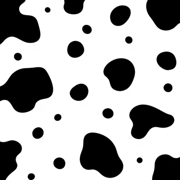 A close-up view of an abstract design featuring irregular black and white cow spots. The spots vary in size and shape, creating a dynamic pattern across the surface. The overall composition showcases a mix of larger, more prominent spots alongside smaller, scattered ones, all seamlessly blending into one another. The contrast between the black and white areas enhances the visual impact of the design.