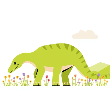 A large herbivorous dinosaur with a long neck and a gentle demeanor is grazing in a bright open meadow. The dinosaur has a greenish-brown skin texture with subtle scales, and it is bending down to nibble on the colorful wildflowers scattered throughout the meadow. The wildflowers are in various shades of yellow, purple, and red, creating a vibrant landscape. The sky above is clear with a few fluffy white clouds, and distant green hills can be seen in the background, completing the tranquil scene of nature.