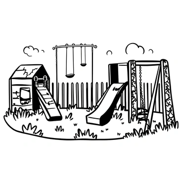 An abandoned playground with rusting swings hanging from corroded chains, swaying slightly in the wind. The ground is covered in patches of overgrown grass and weeds, with a cracked slide leaning to one side, its surface rough and worn. Surrounding the playground are dilapidated wooden structures, with splintered wood and peeling paint. In the background, a weathered metal fence encloses the area, partially covered with climbing vines. The sky above is overcast, casting a muted light over the entire scene.