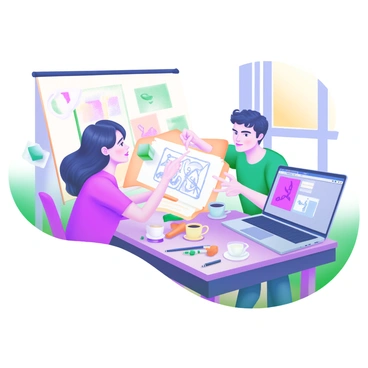 A cozy café scene with two illustrators engaged in collaboration. One illustrator, a woman with shoulder-length wavy hair, is sitting at a wooden table, holding a sketchbook filled with colorful drawings. The other illustrator, a man with short curly hair, is leaning over the table, pointing at a sketch with an excited expression. Around them, there are coffee cups, a laptop open with design software on the screen, and various art supplies scattered across the table. Sunlight filters through a nearby window, casting a warm glow on their workspace.