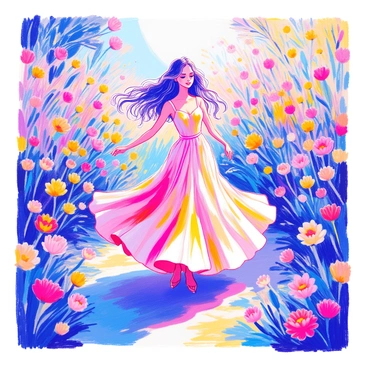 A model with long, flowing hair is twirling gracefully in a garden filled with an abundance of colorful flowers. She is wearing a floor-length gown made of soft, pastel-colored fabric that billows around her as she spins. The gown features delicate straps and a flowing skirt that catches the light. The garden is lush, with vibrant blooms in various shades, including pinks, yellows, and purples, creating a cheerful and lively atmosphere. The sunlight filters through the petals, casting gentle shadows on the ground.