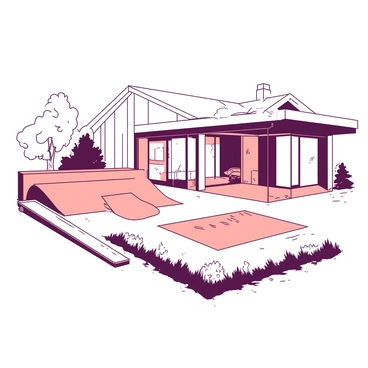 A sleek house with a modern design features multiple ramps and rails integrated into the yard for skateboarding. The house has large windows and an open layout, allowing a view of the yard. The ramps are constructed from smooth wood, with different elevations creating dynamic pathways for skateboarders. A silver rail runs alongside one of the ramps, ready for tricks. In the foreground, the yard is bordered by a neat garden, enhancing the contemporary feel of the scene.