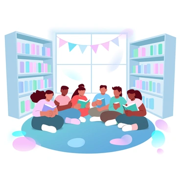 A group of children is sitting on a colorful rug in the center of a library. They are surrounded by shelves filled with books of various sizes and colors. Each child is holding a different book and appears to be engaged in sharing stories with one another. Some children are leaning towards each other, while others are sitting comfortably with their backs against the shelves. The library is filled with bright, pastel-colored decorations such as banners and cushions. A large window lets in soft, natural light, enhancing the vibrant atmosphere.