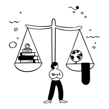 A set of scales positioned prominently in the center of the image, one side holding a stack of books and the other side holding a small globe. A person stands nearby, depicted as a silhouette, with arms crossed, looking thoughtfully at the scales. The background features an array of abstract shapes that suggest a sense of contemplation and decision-making. Each scale is finely detailed, showcasing the weight of both choices distinctly.
