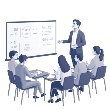 A tutor stands beside a large whiteboard, actively engaging with a group of students seated in front of it. The tutor, dressed in professional attire, gestures towards a complex math problem illustrated on the whiteboard. The problem features detailed equations and diagrams. The students, a diverse group of young adults, are focused and attentive, some taking notes while others lean forward in their seats, showing interest. The setting suggests a classroom environment, with desks arranged in rows and educational materials visible around the room.