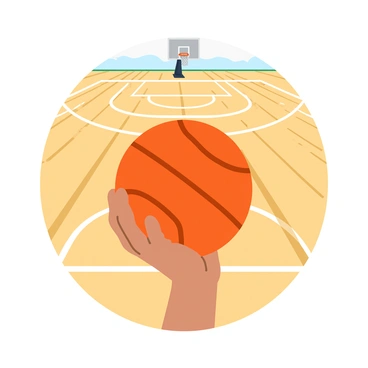 A hand gripping a bright orange basketball, positioned just above the wooden court surface. The hand is poised with fingers spread around the ball for a solid grip. The basketball has distinct black lines defining its segments. In the background, the court is marked with white lines, including the three-point arc and free-throw area. The scene captures the intensity of the moment, with a faint glimpse of the basketball hoop in the distance, its net gently swaying.