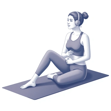 A person is in a relaxed position, seated on a yoga mat. They are wearing comfortable workout attire. The individual has earphones in, suggesting they are listening to music. One hand rests on their knee while the other is positioned on their lower abdomen, indicating focus on the exercises being performed. The surroundings are minimalistic, enhancing the calming atmosphere conducive to relaxation. The person's expression is one of concentration and tranquility, reflecting the dual activity of listening to music and engaging in Kegel exercises.