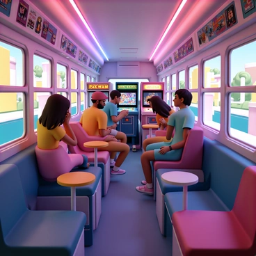 The interior of a bus is filled with classic arcade game machines, including a Pac-Man cabinet, a pinball machine, and a Space Invaders console. Neon lights illuminate the space, casting vibrant colors across the walls. Vintage posters are displayed on the bus windows, showcasing popular 80s video games. Rows of comfortable stools are positioned in front of the game machines. A group of friends, wearing colorful retro clothing, are engaged in playing the games, laughing, and exchanging excited expressions. The atmosphere is lively and reminiscent of a nostalgic arcade.