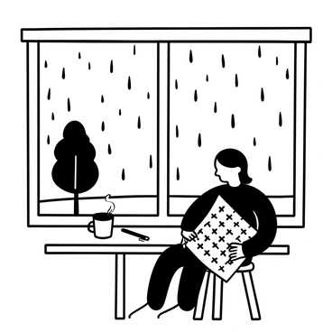 A person sitting at a wooden table by a large window, intently focused on a crossword puzzle. There is a pencil resting in one hand and the puzzle sheet spread out in front of them. Outside the window, rain is pouring down, with droplets sliding down the glass. The background shows a blurred view of a tree and street, shrouded in the rain. A steaming cup of coffee is placed beside the puzzle, giving a sense of warmth to the scene.